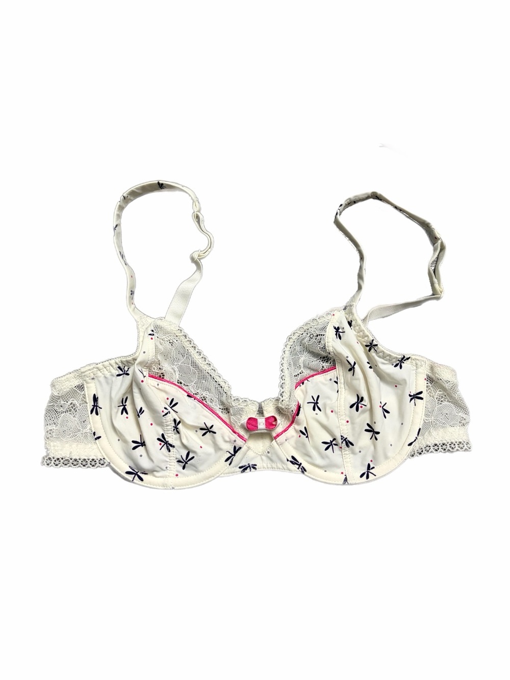 90s European Vintage Variance Dragonfly Print Unlined Cotton Bra (White) 34 A/B